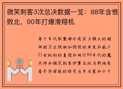 微笑刺客3次总决数据一览：88年含恨败北，90年打爆滑翔机